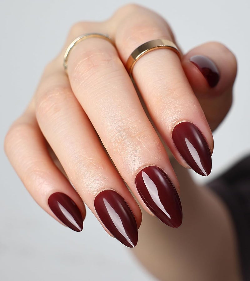 morily Short Press on Nails Almond, 30Pcs Burgundy Fake Nails in 15 Sizes Glossy Wine Red False Nails Reusable Acrylic Stick on Nails for Women - Image 1